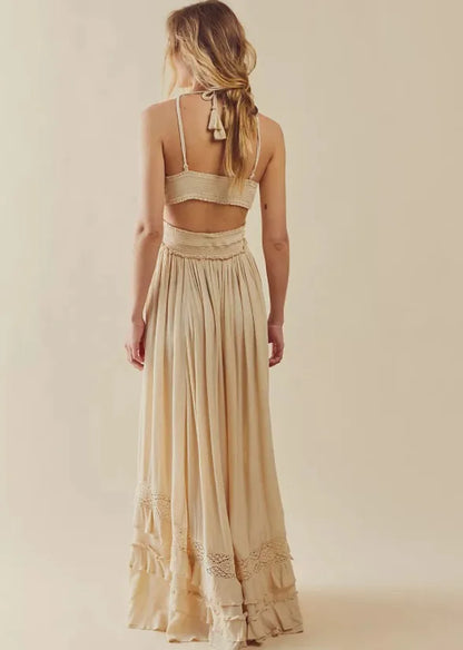 canwedance Summer Beach Dress Sleeveless Cotton Maxi Dresses Boho Style Solid Color Lace Ruffled Sundress Mujer Vestidos