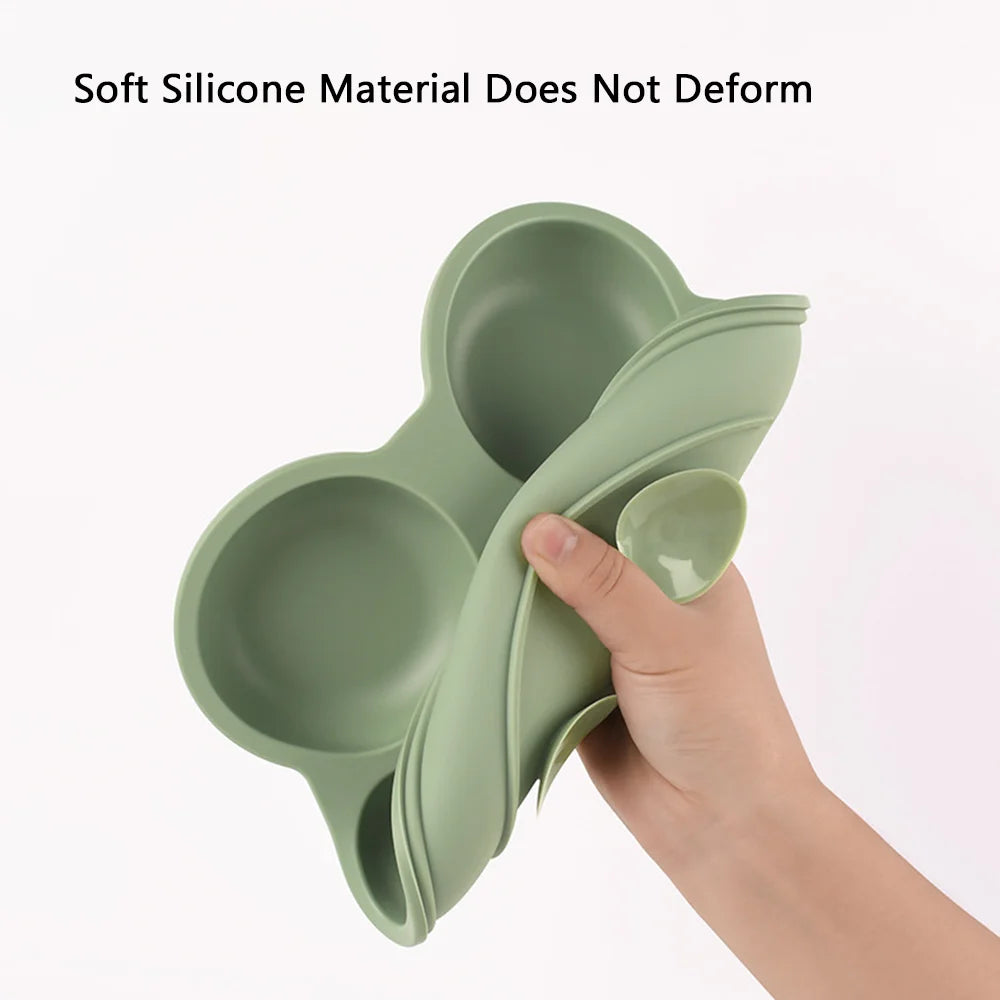 4PCS Silicone Children Tableware Baby Feeding Set Silicone Dinner Plate Wood Handle Spoon Fork Silicone Bibs BPA Free