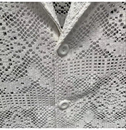 Vintage Ice Silk Lace Shirts For Men Sexy Lace Breathable Hollow Out Tops Summer Fashion Cuban Collar Short Sleeved Shirt Male