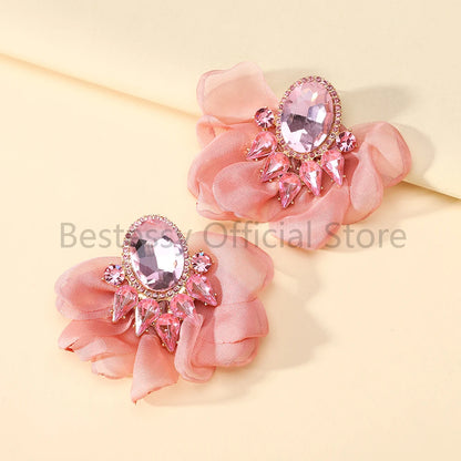 Bohemian Fabric Flower Earrings for Women Imitation Gemstone Floral Large Earrings Party Prom Beach Vacation Jewelry Accessories