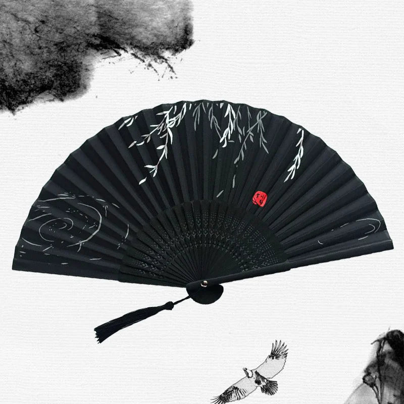 Bamboo Folding Fan Silk Chinese Fan Hand Women Black Fan Summer Female Dance Home Decoration Party Gift Home Ornament Fan Black