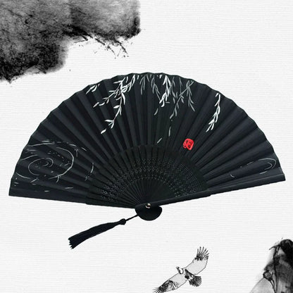 Bamboo Folding Fan Silk Chinese Fan Hand Women Black Fan Summer Female Dance Home Decoration Party Gift Home Ornament Fan Black