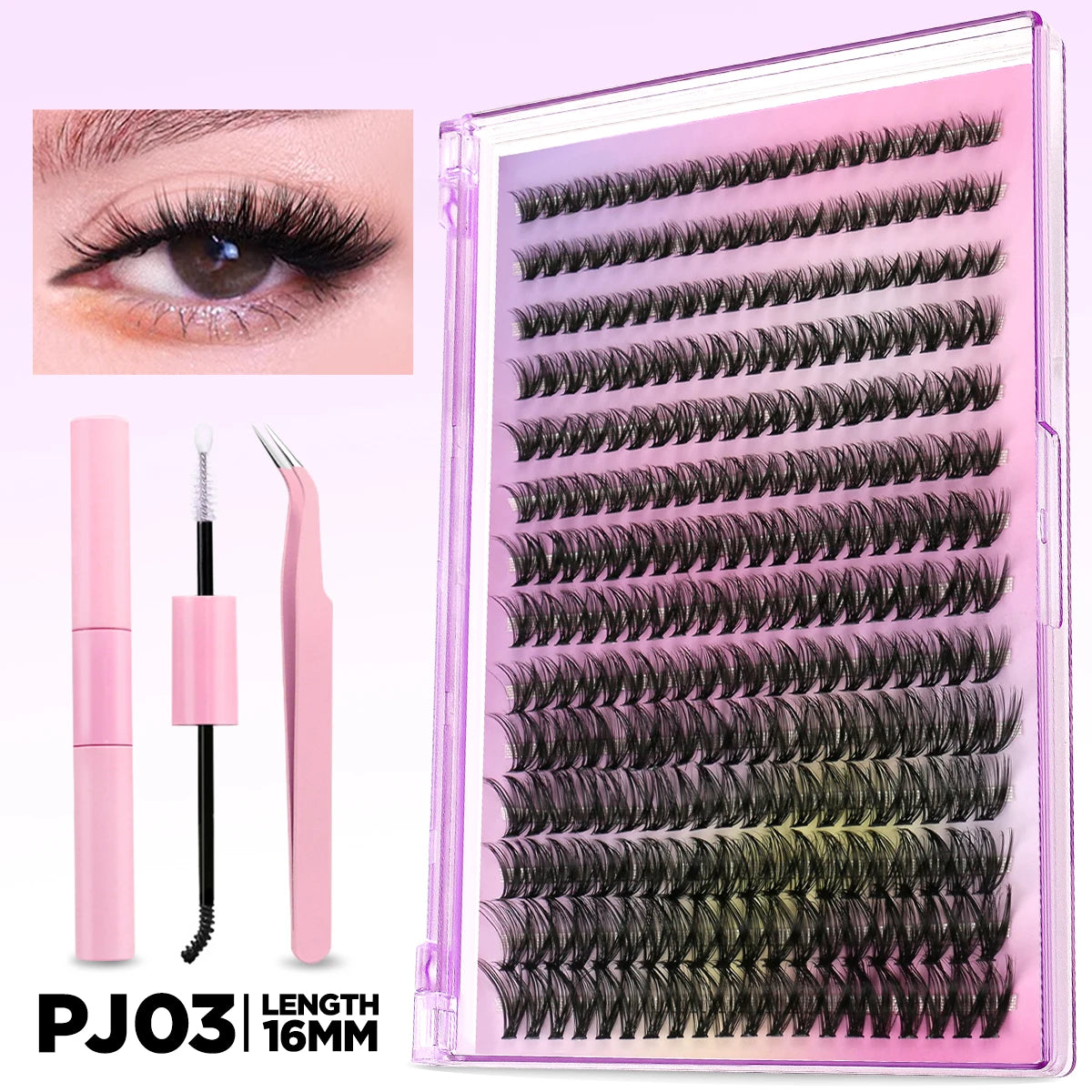 GROINNEYA DIY Lash Extension Kit Volume Lash Clusters Individual Lashes Thick Eyelash Extension Lash Bond & Seal & Lash Tweezers