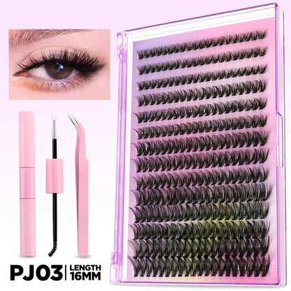 GROINNEYA DIY Lash Extension Kit Volume Lash Clusters Individual Lashes Thick Eyelash Extension Lash Bond & Seal & Lash Tweezers