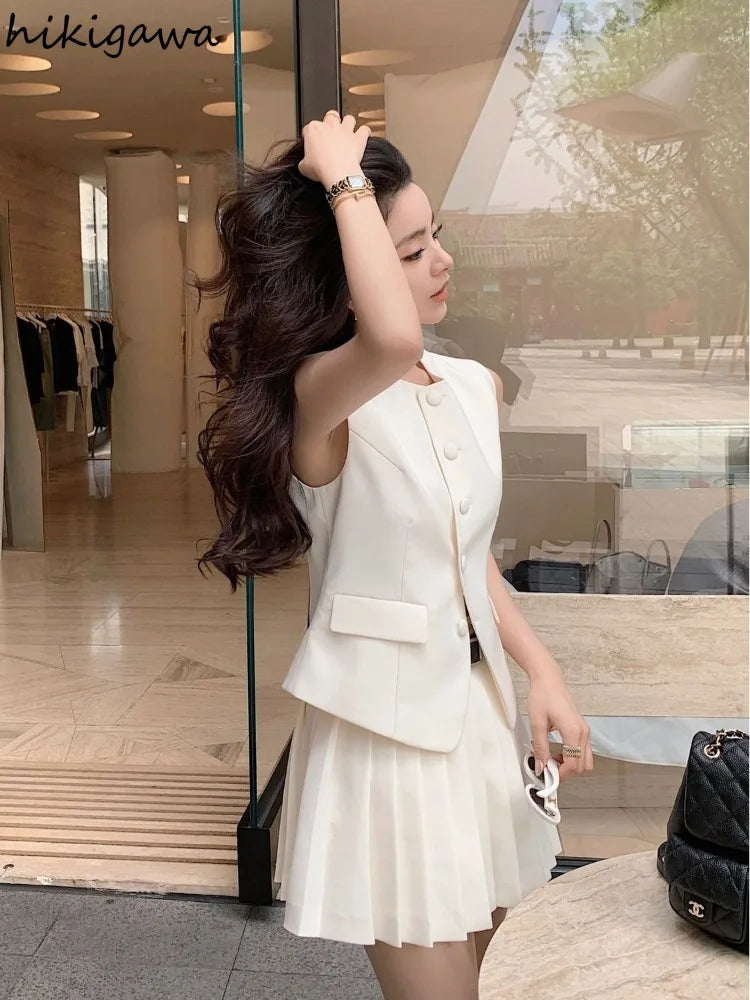 Womans Clothes for 2025 Two Piece Set Sleeveless Tunic Vest Coat High Waist Pleated Mini Skirts Outfits Chic Korean Summer Suit