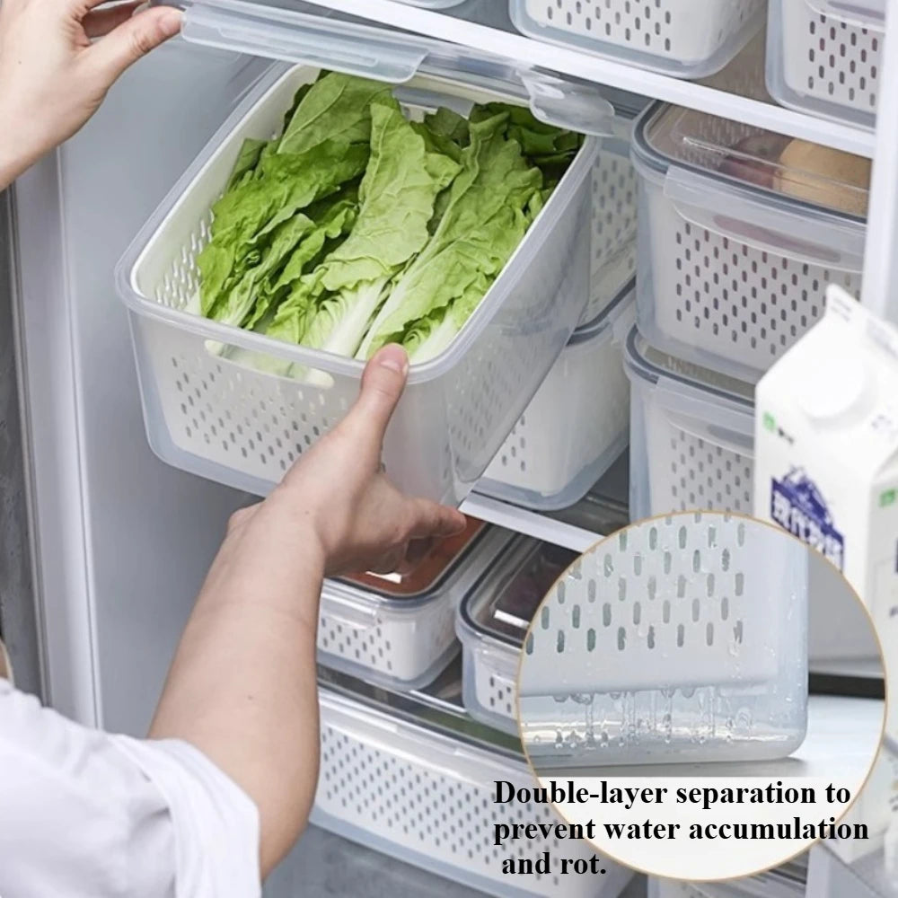 1- 3Pcs Refrigerator Organizer Boxes Fresh Fruit & Vegetable Keep - Fresh Containers with Draining Baskets Kitchen Storage Box