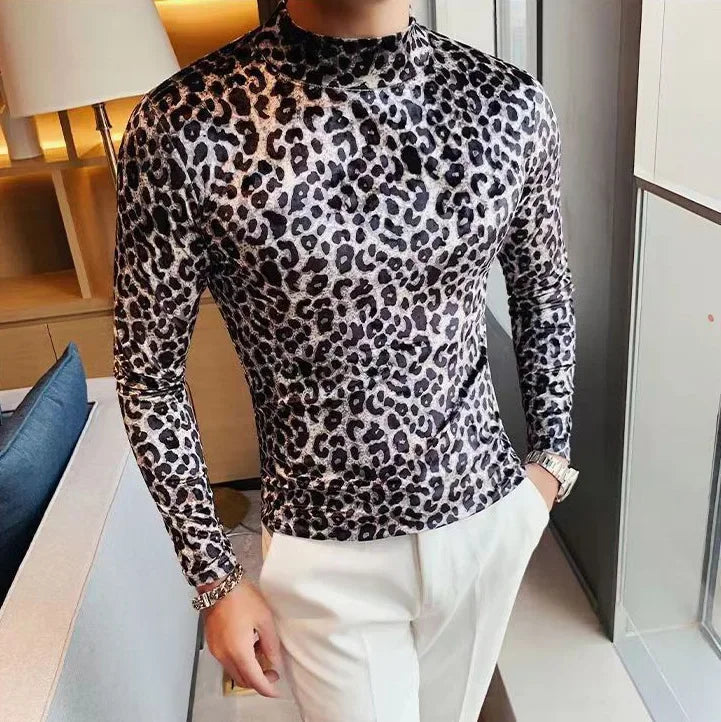 Mens T-shirt Long Sleeve Leopard Print Stretch Skinny Gym Shirt High Neck Base Shirt for Men