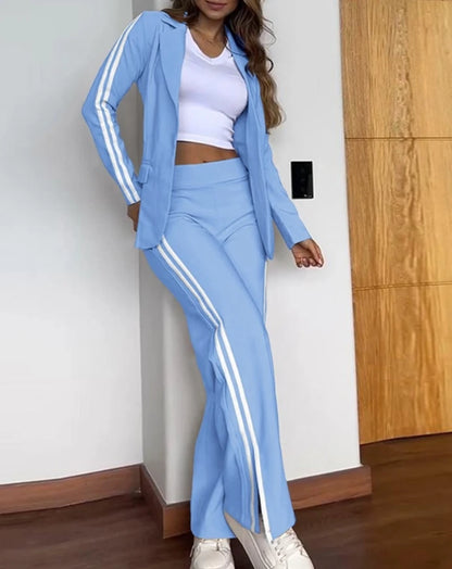 Women's Fashion Suits Autumn Winter Latest 2025 Striped Side Sporty Tape Notched Collar Front Button Blazer Wide-Leg Pants  Set