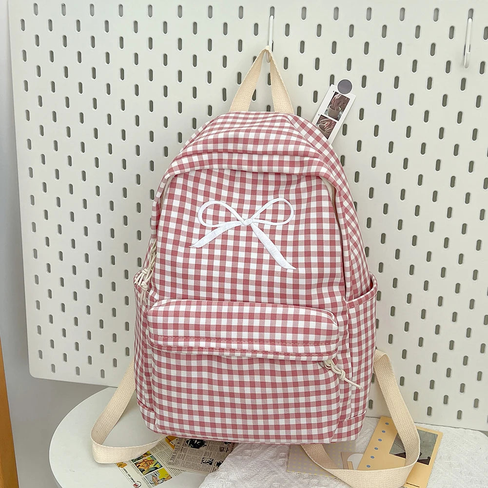 Cute Bowknot Plaid School Backpack Lightweight School Bag Nylon Student Rucksack for Girls Women High School College Work