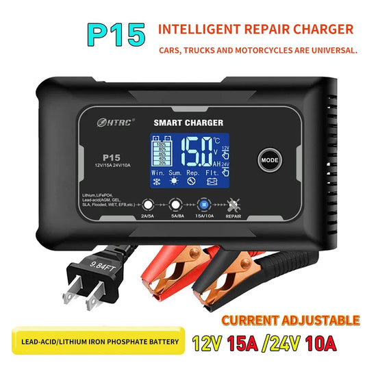 Intelligent Restoration Car Battery Charger 12V/15A 24V/10A Smart Charger for Automobile and Motorcycle Lead-Acid Battery