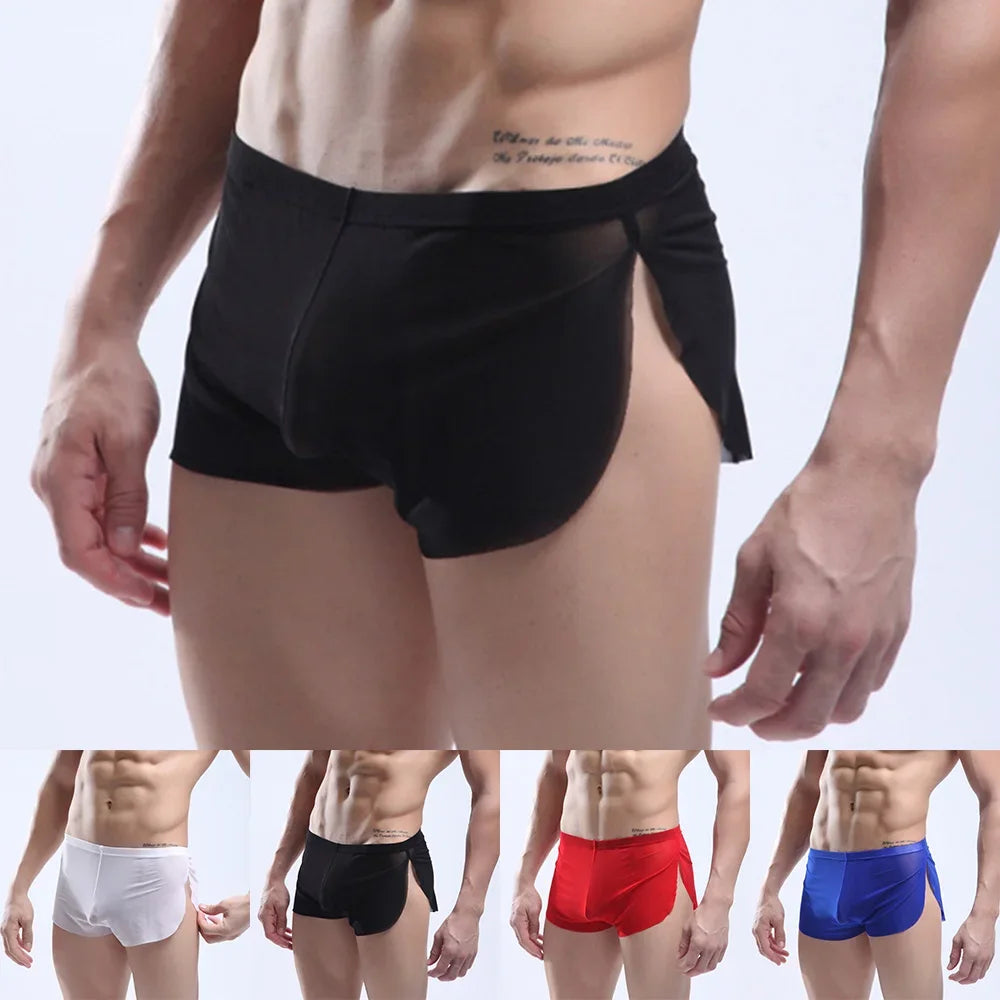 Mens Sexy Underwear Wet Look Lingerie Breathable Pouch Boxer Shorts Side Split Trunks Quick Dry Underpants Ultra Thin Panties