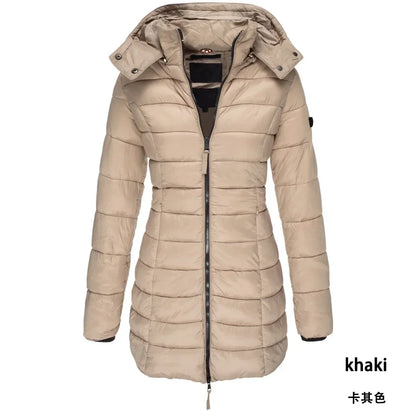Winter Women's Cotton Jacket Medium Length Slim Fitting Cotton Jacket Warm Solid Hooded Cotton Jacket