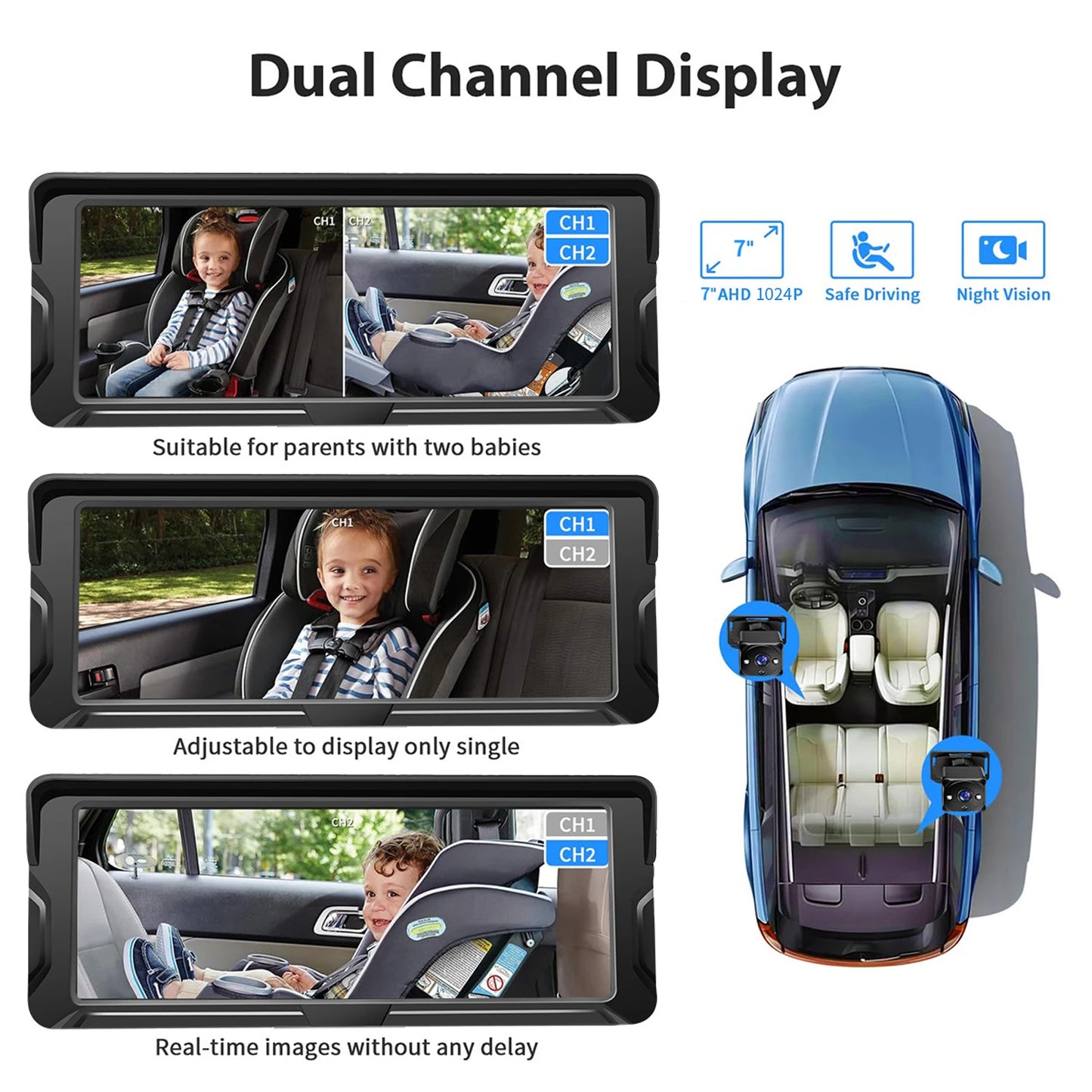 Car Baby Camera Dual Channel 6.8inch 1080P Display with 2 IR Night  Camera and 150° Wide View Angle Automotive Baby Camera