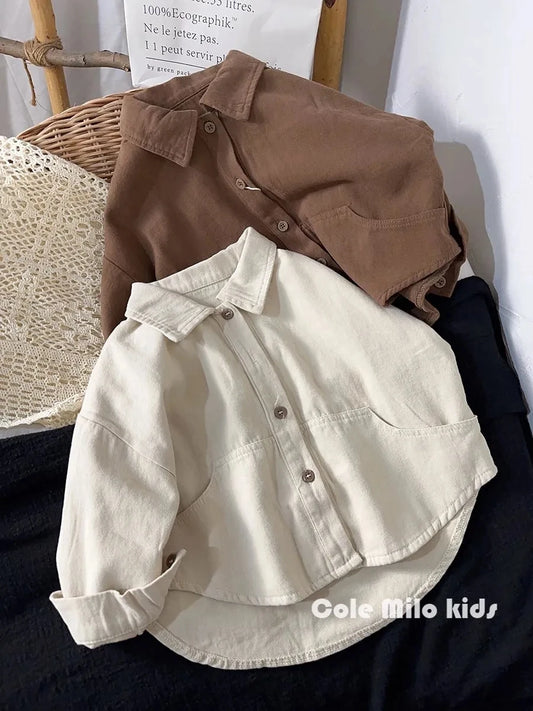 Boys' Shirt Spring and Autumn New Girls' Cotton Long sleeved Shirt Baby Solid Color Top Children's Cardigan