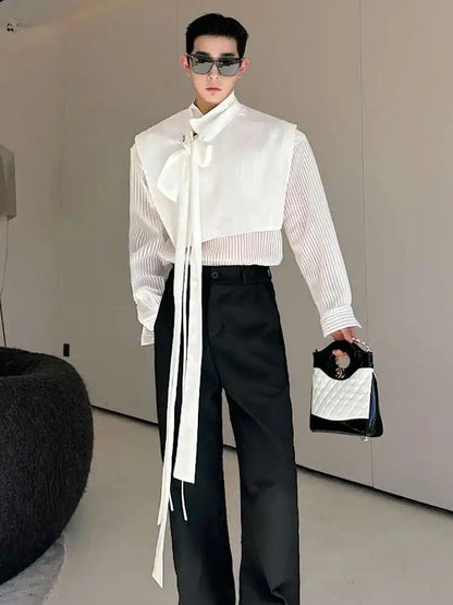 LUZHEN Stylish Personality Ribbon Decorate Translucent Long Sleeve Shirts Men's Elegant 2025 New Stylish Fake Two Piece LZ2413