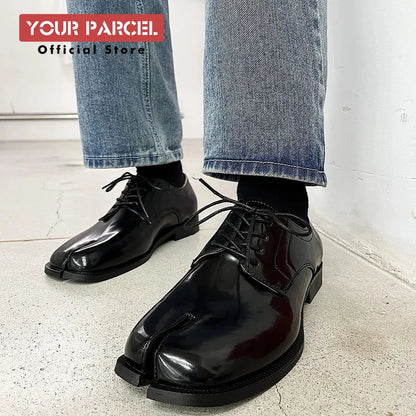 Horseshoe split toe couple leather shoes, Tabi shoes square toe cap unisex original design new Korean personality trend