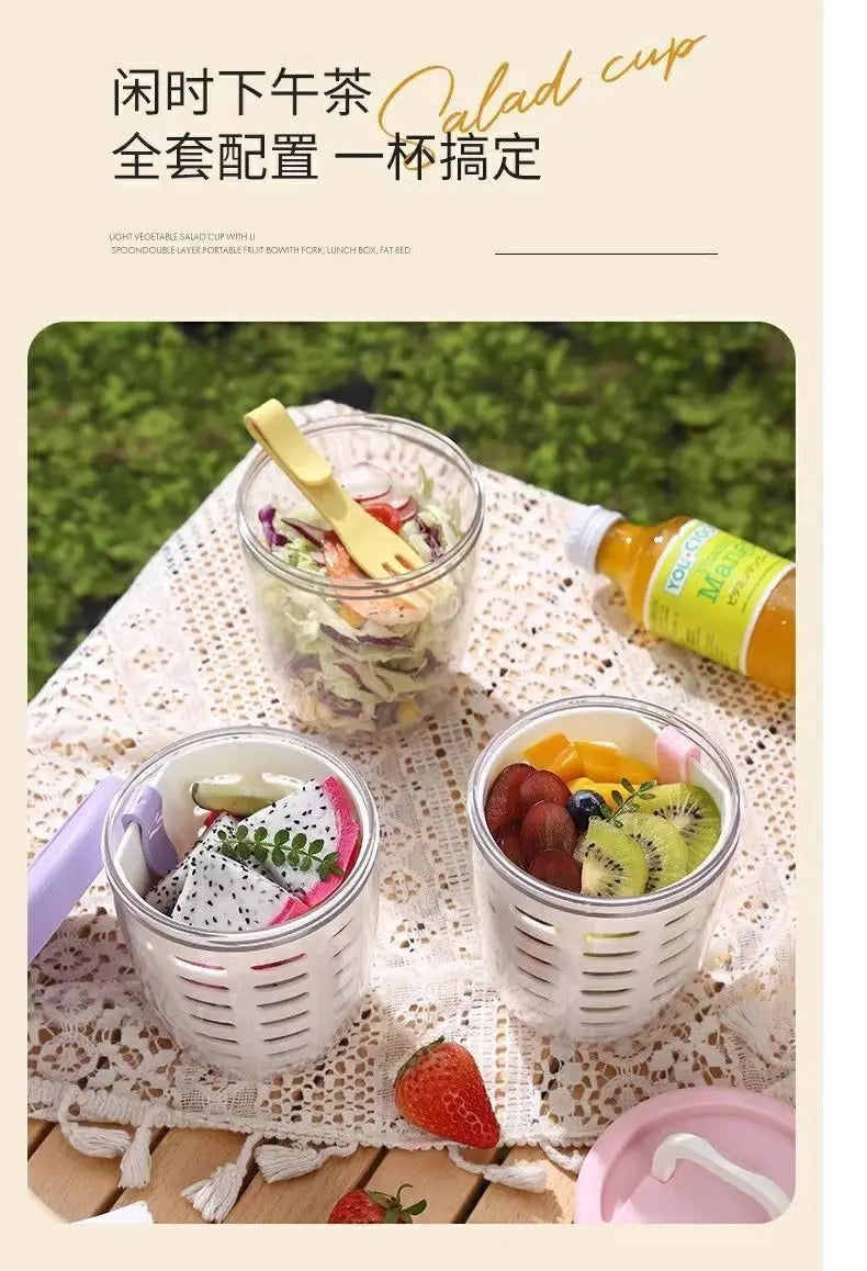 Salad Cup With Fork Cylindrical Plastic Fruit Cup Multifunctional Drainage Function Salad Container, Portable Lunch Box
