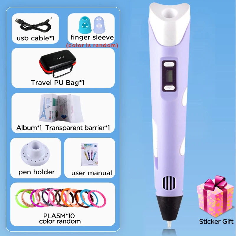 3D Printing Pen 9/50/100/200M PLA Filament LED Display With PU Case DIY Drawing Pens Stimulate Creativity Kids Toys 3D Pen