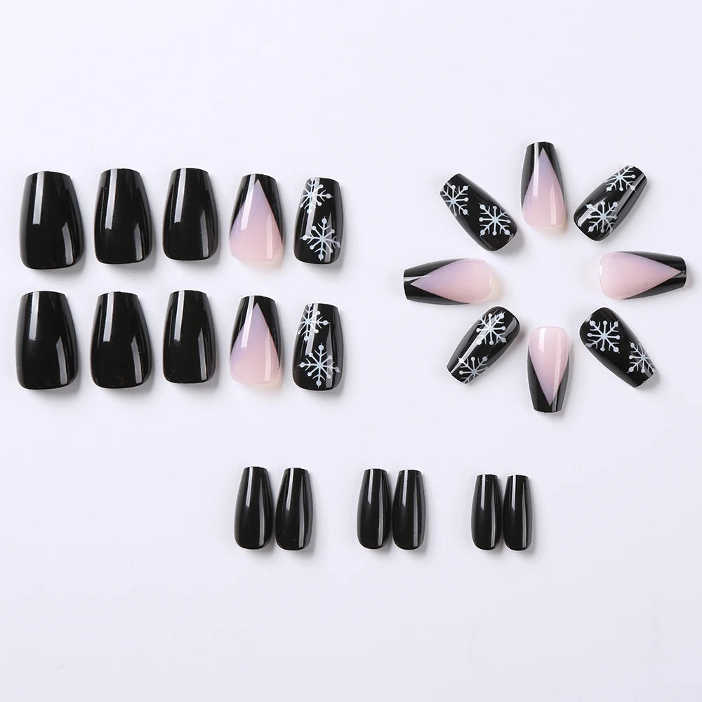 24Pcs Black Press on Nails White Snowflake Christmas Fake Nails Medium Square press on nails French Full Cover False Finger Nail