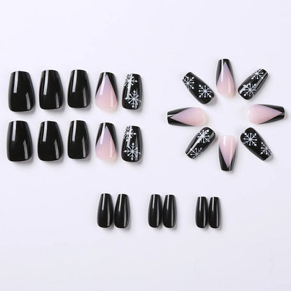 24Pcs Black Press on Nails White Snowflake Christmas Fake Nails Medium Square press on nails French Full Cover False Finger Nail