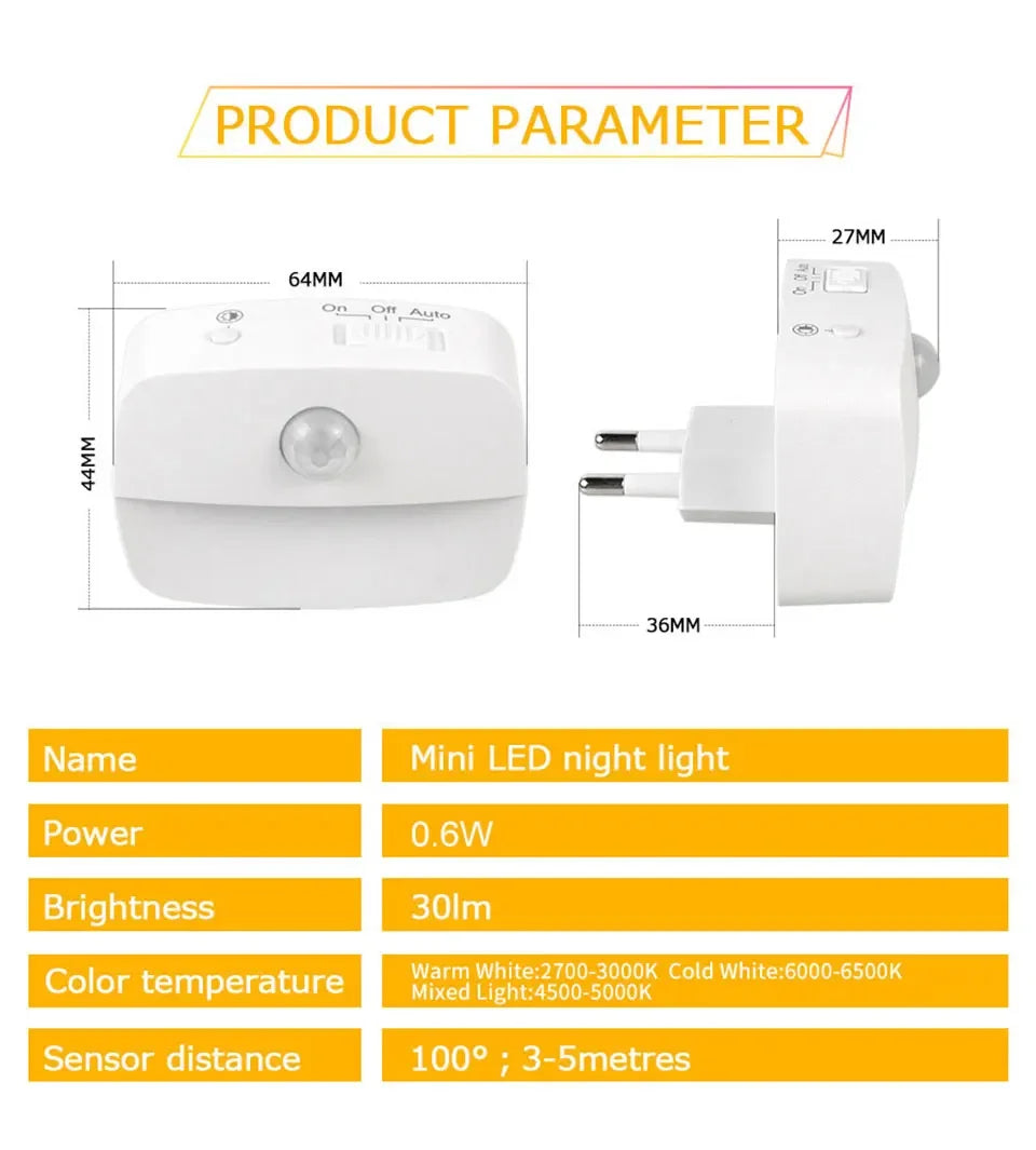 LED Night Light EU Plug In Smart Motion Sensor Light 220V Wall Lamp for Home Aisle WC Hallway Stair Kitchen Bedroom Night Lamp