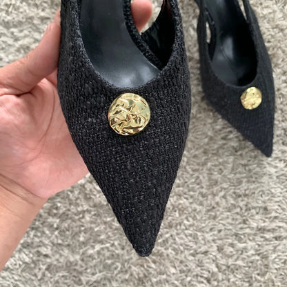 Fashion Women’s Black High Heels Sexy Pointed Shallow Mouth Pumps 2025 Spring Female Slingbacks Dress Office Shoes