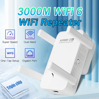 3000Mbps WiFi Repeater Dual Band 2.4Ghz 5GHz Wireless WiFi Extender WiFi 6 Amplifier Range Extender Wi-Fi Booster Range Signal