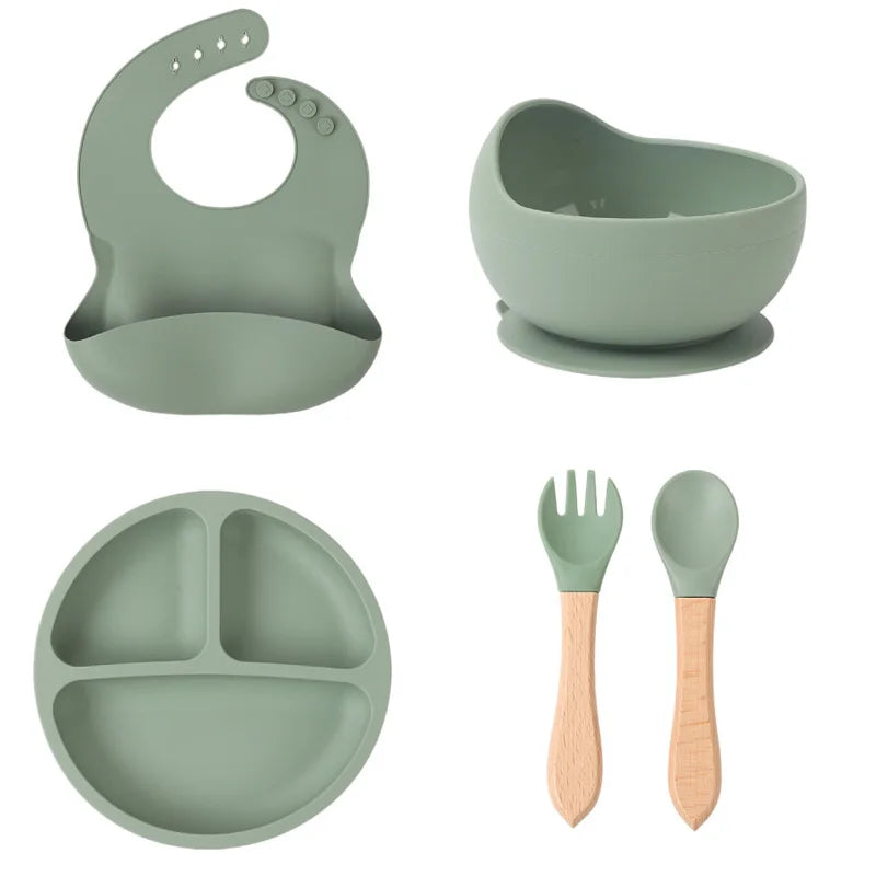 Children's silicone tableware set Baby Complementary Food Training 1/2/3/5PCS Set Sucker Bowl Bib Cup Fork Spoon Set Maternal