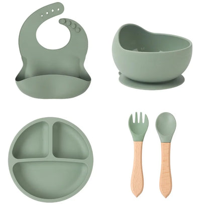 Children's silicone tableware set Baby Complementary Food Training 1/2/3/5PCS Set Sucker Bowl Bib Cup Fork Spoon Set Maternal