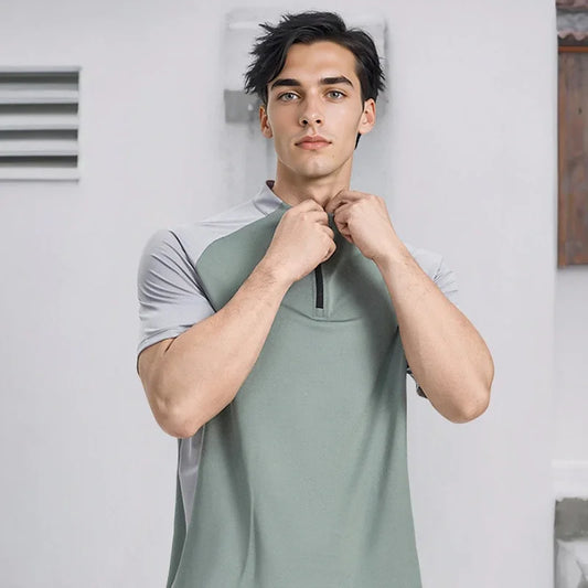 Sports T-shirt, men's half-zipper stand-up collar short-sleeved running top, summer sports training tennis clothes