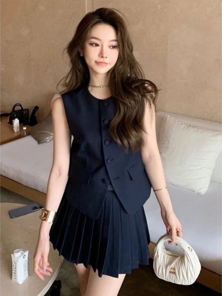 Womans Clothes for 2025 Two Piece Set Sleeveless Tunic Vest Coat High Waist Pleated Mini Skirts Outfits Chic Korean Summer Suit