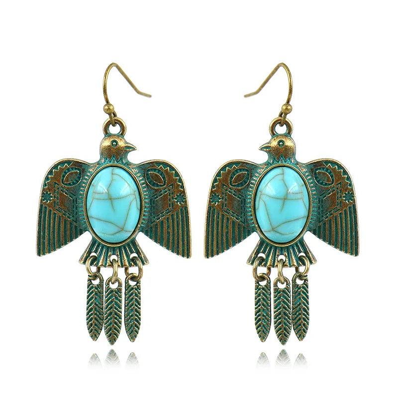 Ethnic Women's Pigeon Bohemian Earrings Vintage Bronze Gypsy Turquoises Jhumka Earrings Oorbellen