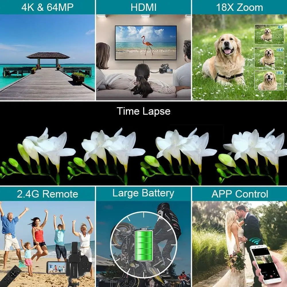 6K Professional Video Cameras for Photography 64MP Ultra HD 18X Digital Zoom Camcorders YouTube Live Streaming Vlog Recorder