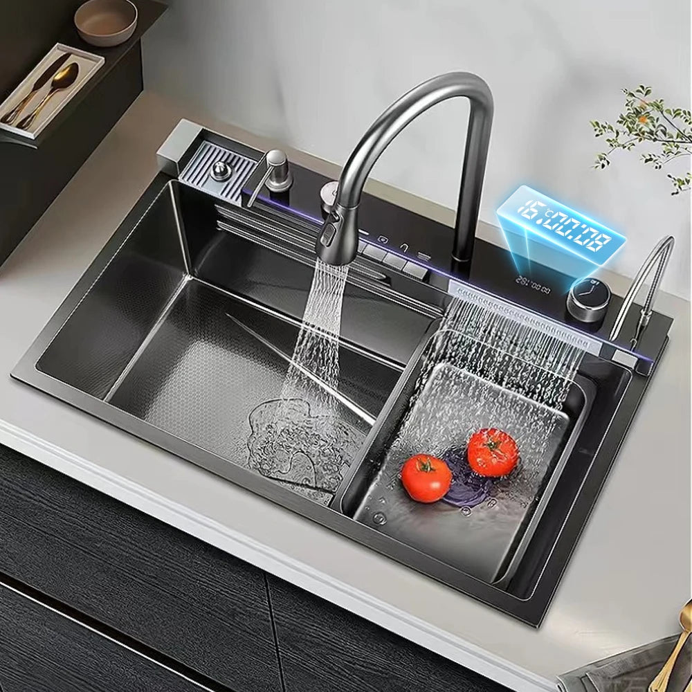 304 Stainless Steel Waterfall Kitchen Sink Large Single Slot Integrated Digital Display Faucet Set Soap Dispenser Cup Washer