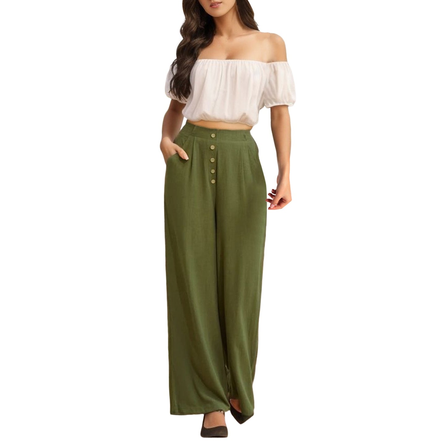 Pants For Women Summer Autumn Flowy Cotton Wide Leg Palazzo Pants Long Slacks High Waist Button Trousers Female Trousers