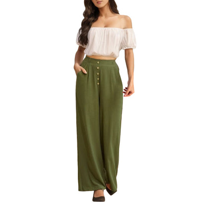 Pants For Women Summer Autumn Flowy Cotton Wide Leg Palazzo Pants Long Slacks High Waist Button Trousers Female Trousers
