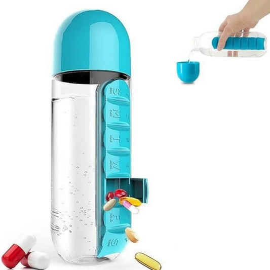 Portable Water Bottle With Built-in Pill Box for Medicines, Vitamins, Perfect for Outdoor, Gym, Fitness, Camping and Traveling