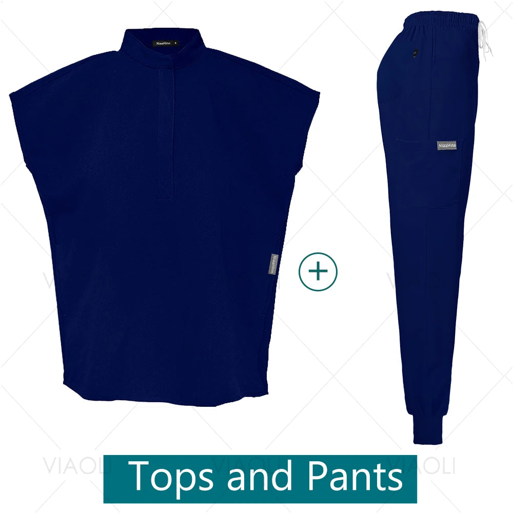 Scrubs Uniforms Sets Medical Nursing Hospital Working Clothes Solid Color Surgical Gowns Breathable Scrub Top Joggers Pants Suit