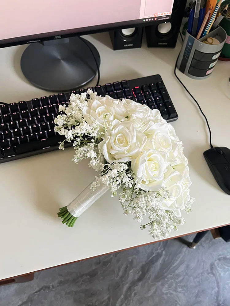 Bridal Bouquet Wedding Flowers Bridesmaids Silk Roses Fake Babys Breath Bride Wedding Accessories Table Centerpiece Decoration