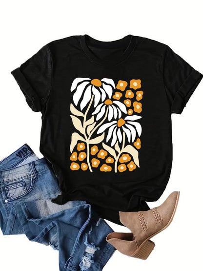  Flowers  print t-shirt, short sleeve crew neck casual top for summer & spring, women's clothing