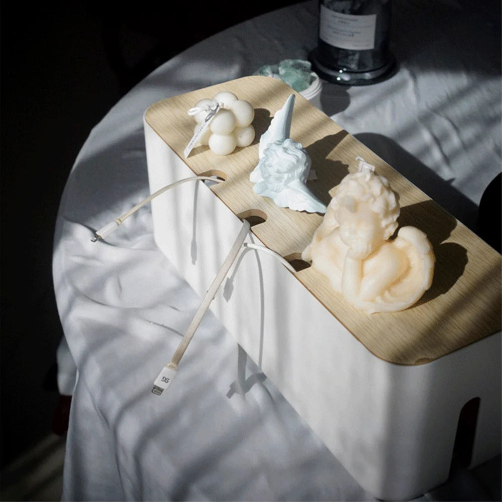 Socket Cable Organizer Box Wooden Style Cord Storage Case Dustproof Charging Data Cable Management Device for TV Wires/Computer