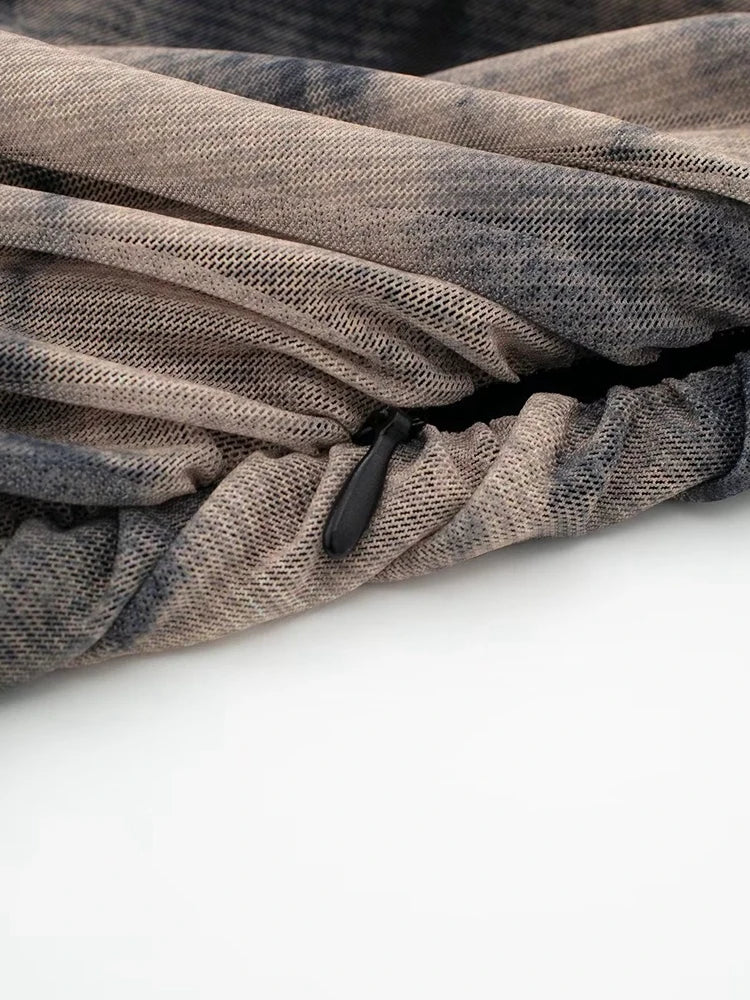 Tangada 2024 Women Print Pleated Mesh Dress Long Sleeve Sexy Famle Stand Collar Maxi Dresses 3H406