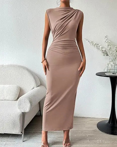 Women's Ruched Bodycon Dress Summer Casual Sleeveless Back Slit Elegant Club Evening Party Cocktail Maxi Dresses