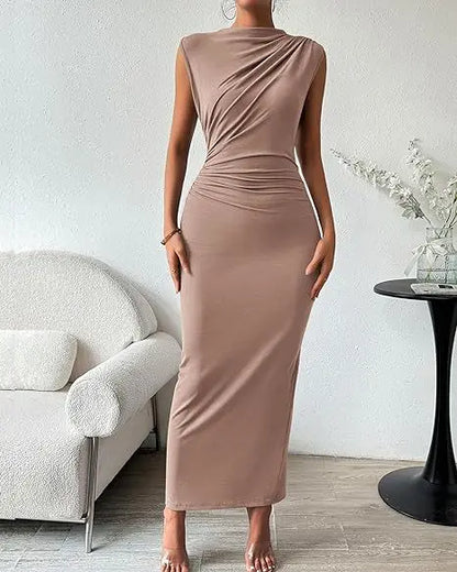 Women's Ruched Bodycon Dress Summer Casual Sleeveless Back Slit Elegant Club Evening Party Cocktail Maxi Dresses