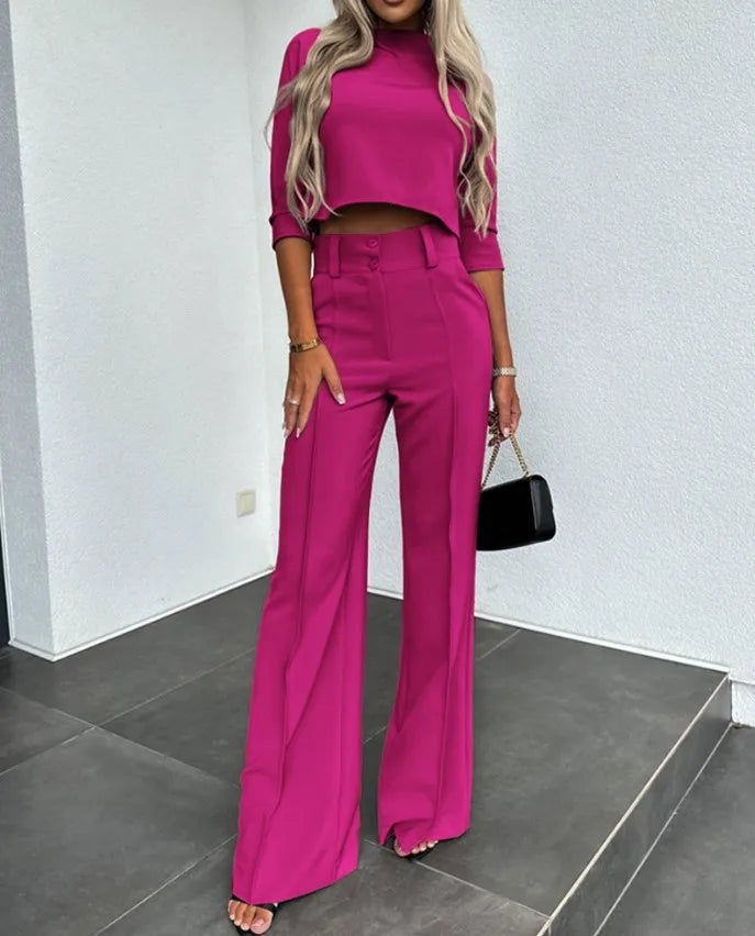 Elegant Office Lady Suits Fashion Solid Color Two Piece Set For Women Casual Crop Top+high Waist Pants Women's Sets 2024 Autumn