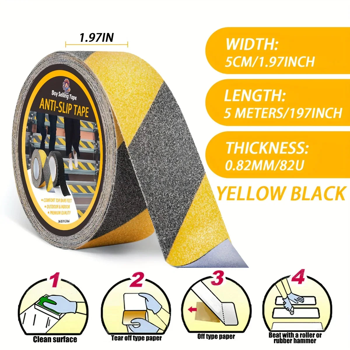 Anti slip safety tape， used for anti slip of stairs and steps, strong ground grinding tape  (Yellow/black)hazard warning tape