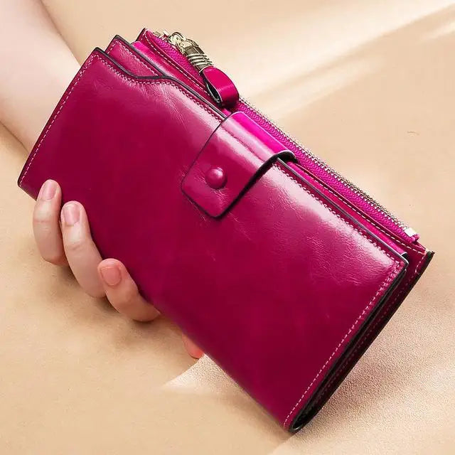 RFID Blocking 100% Genuine Leather Women Wallet Long Lady Purse Brand Design Luxury Bag Oil Wax Card Holder Female Coin Clips