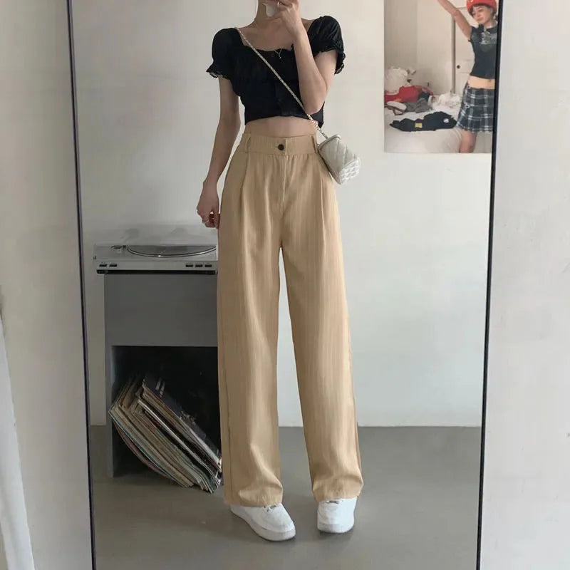 Women's Formal Office Wear Suit Pants Vintage High Waist Baggy Striped Pants Woman Korean All-Match Straight Trousers Female