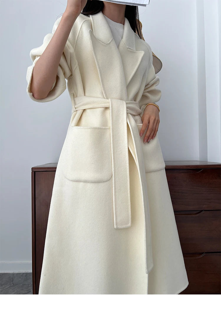 Office Lady Woolen Jackets 2024 Autumn And Winter Bathrobe Style Pocket Double-Sided Loose Lace -Up Tie Women's Long Wool Coats