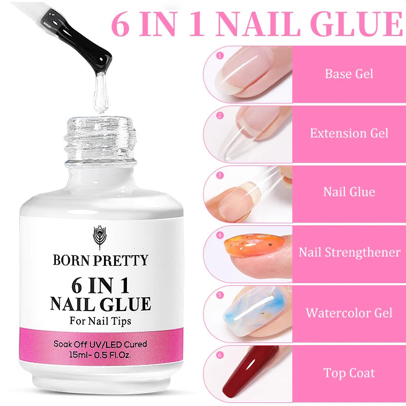 BORN PRETTY 6 IN 1 Nail Glue Gel 15ML for Acrylic Nails Soak off Base Gel Top Coat UV Extension Nail Gel False Nail Tips Gel